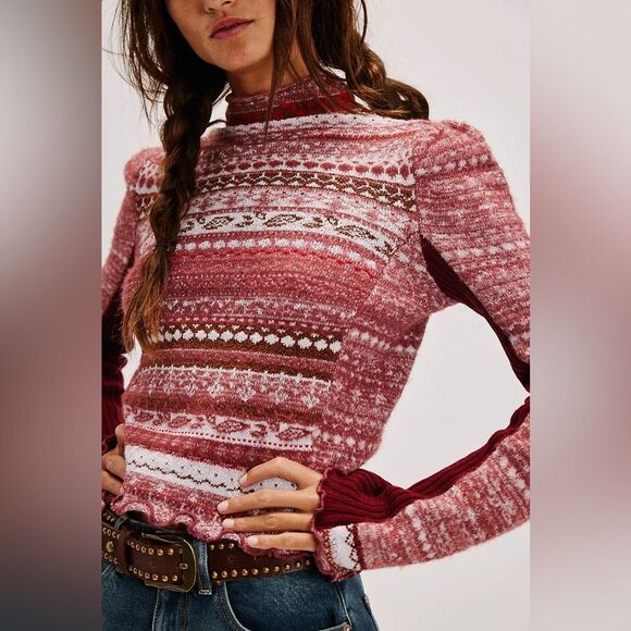Free People Red & Pink Knit Sweater Cowl Neck Puff Sz L Boho Cottagecore NWT - Picture 1 of 16